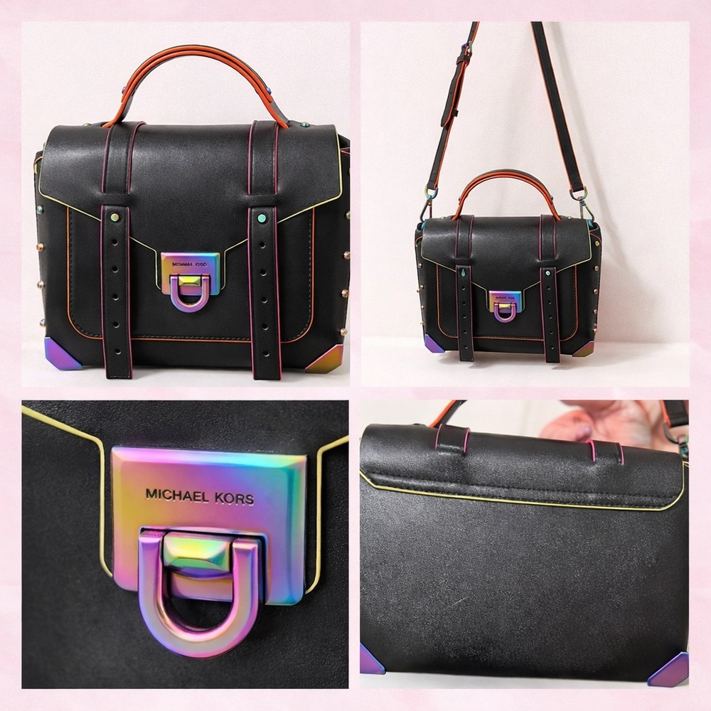 Rare Michael Kors Neon Trim Satchel Crossbody Black Leather Rainbow Hardware - Picture 6 of 6